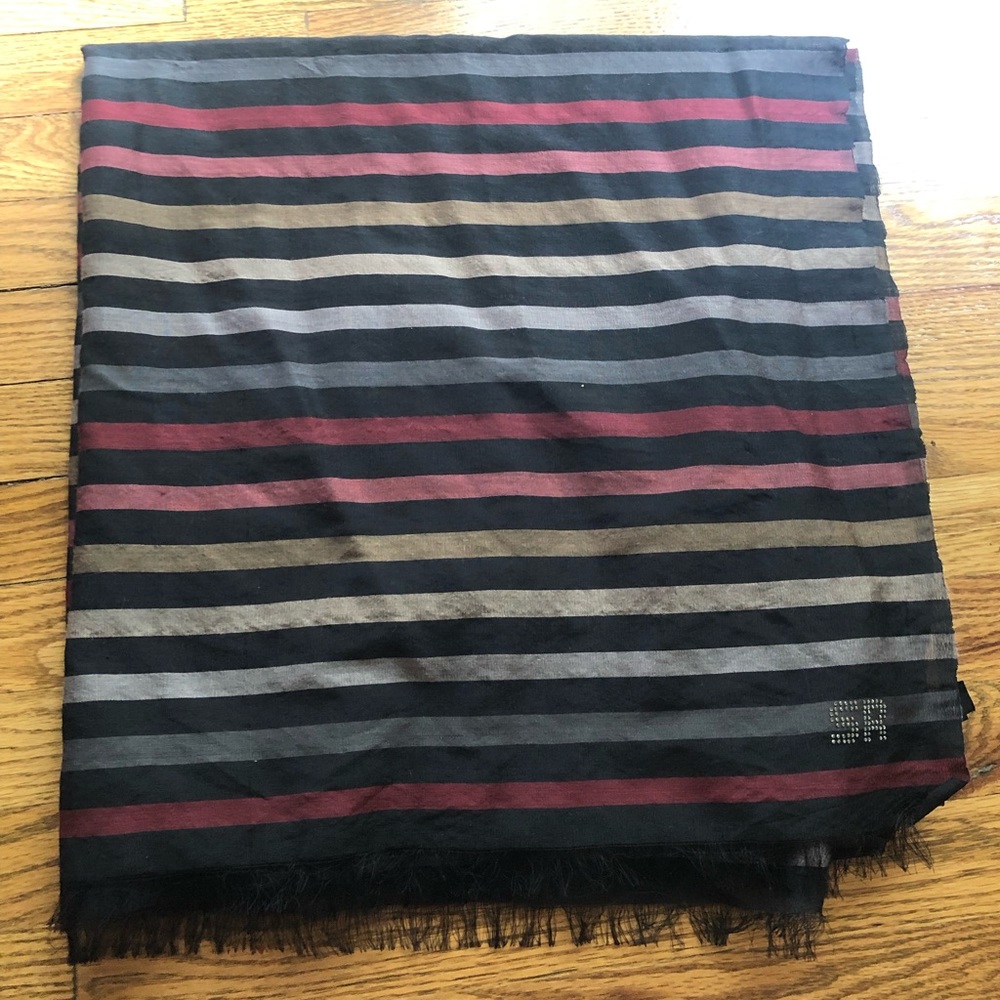 Sonia Rykiel Black Striped Scarf with Red and Taupe Stripes
